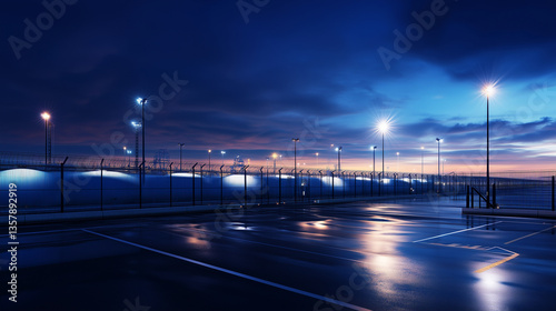 High-tech perimeter fencing with embedded sensors and electronic gates surrounding a large LNG tank, the smooth metal surface glinting as security lights flicker across the expansi photo