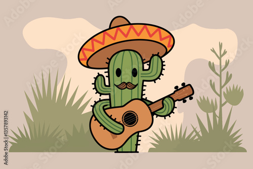Cactus wearing a sombrero and playing guitar, cinco de mayo concept