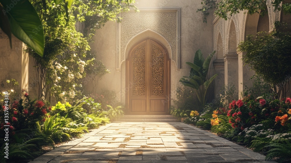 Fototapeta premium Lush courtyard gardens with traditional stone pathways leading to grand wooden mosque doors