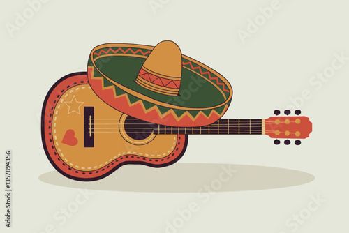 Guitar with a colorful hat, concept of cinco de mayo and celebration