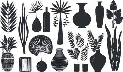 Silhouette illustration of various plants and vases for home decor.