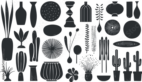 Collection of plant and vase silhouettes in a minimalist design pattern.