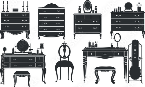 Collection of vintage furniture silhouettes including dressers and vanities.