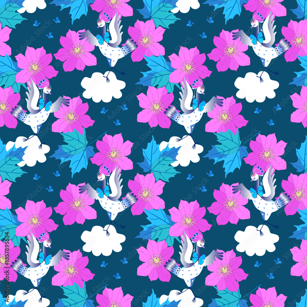 Fototapeta premium Dancing in the clouds seamless pattern. Cute cartoon cranes with butterflies dance among bright flowers and leaves on a deep blue background. Animal print for clothes, home textiles.
