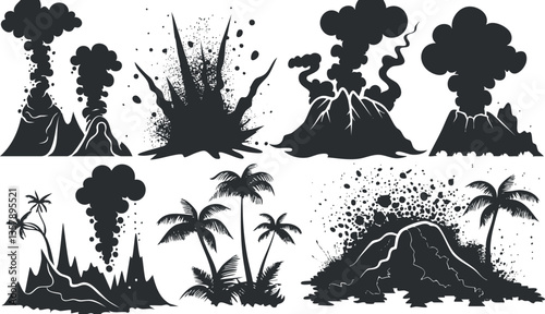 Black silhouettes of volcanic eruptions with smoke and lava.