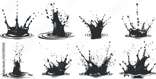 Set of black water splash illustrations with ripples and droplets.