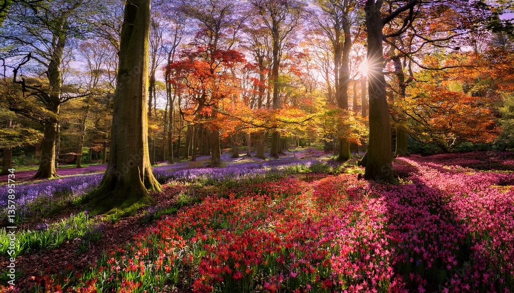 Naklejka premium Behold enchanting spectacle of an English forest where ever-changing seasons paint a mesmerizing tapestry of vibrant blooms in spring and a kaleidoscope of rich autumnal hues