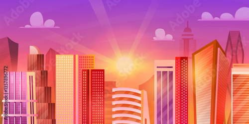 Skyscrapers buildings cityscape. City skyscraper apartment corporate building skyline top view, urban town game background summer warm sunset, cartoon swanky vector illustration