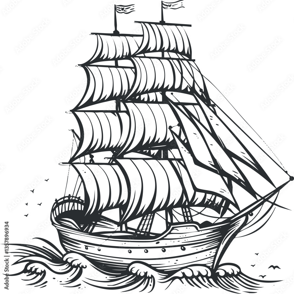 Naklejka premium Vintage sailing ship illustration with detailed sails on ocean waves.
