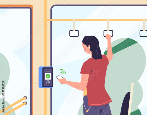Bus payment. Woman pay transportation ticket to phone, public transport machine validator payments automation smartphone app tram subway fare transit control vector illustration