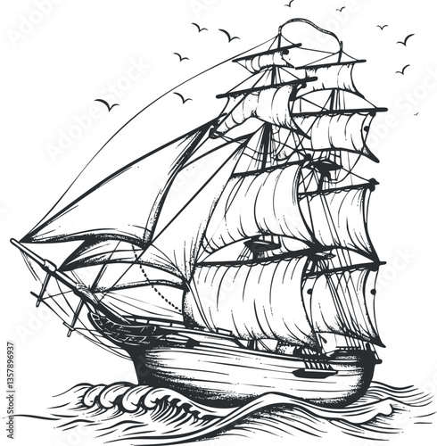 Vintage sailing ship illustration with detailed sails and ocean waves.