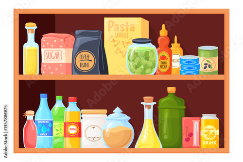 Kitchen cupboard shelves. Cartoon cooking shelf with spice jars, preserve can food storage supermarket shelves drink oil bottles sauces pasta snack containers vector illustration