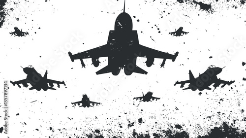 Silhouette of fighter jets in formation against a grunge background.