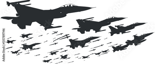 Silhouettes of fighter jets in formation, representing military aviation strength.
