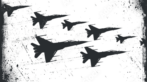 Silhouette of fighter jets flying in formation on a grunge background.