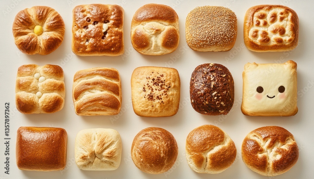 A whimsical close-up of various breads, each adorned with unique facial expressions, showcasing a playful and creative culinary art. A whimsical close-up of various breads, each adorned with unique facial expressions, showcasing a playful and creative culinary art.