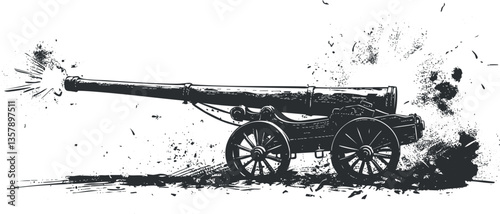 Vintage black and white illustration of a firing cannon with explosion.