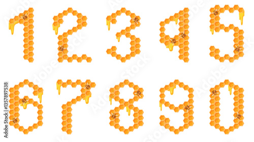 Cartoon honeycomb numbers. Honey cell comb number abstract texture font, honeybee hive sweet one two five zero yellow gold mead style, beekeeping farm food neat vector illustration