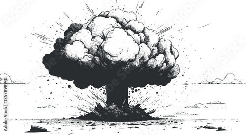 Monochrome illustration of a powerful explosion with mushroom cloud.