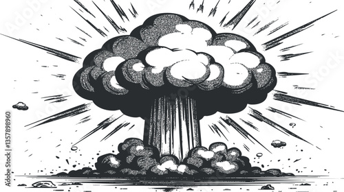 Black and white sketch of a dramatic mushroom cloud explosion.
