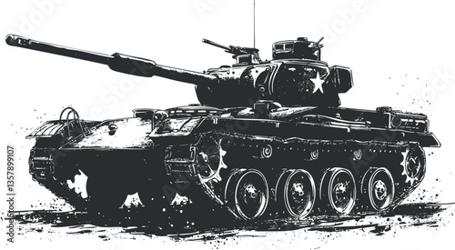 Black and white illustration of a military tank in combat pose.