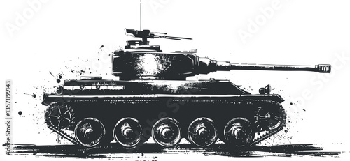 Black and white illustration of a military tank with detailed design.