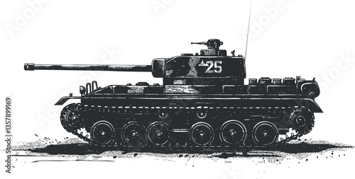Monochrome illustration of an armored tank with a long cannon.