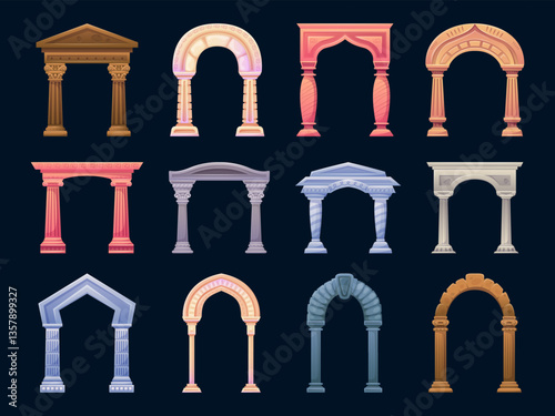 Cartoon ancient arches. Stone archway, arch entrance gate in roman palace or greek castle temple antique architecture with column portal gates frame, swanky vector illustration