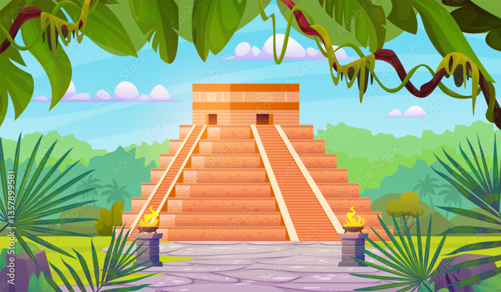 Mayan pyramid. Aztec temple ruins in jungle, chichen itza mexico ancient world monument maya civilization destination mexico peru stone pyramids, cartoon swanky vector illustration