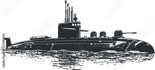 Black and white illustration of a military submarine in the ocean.