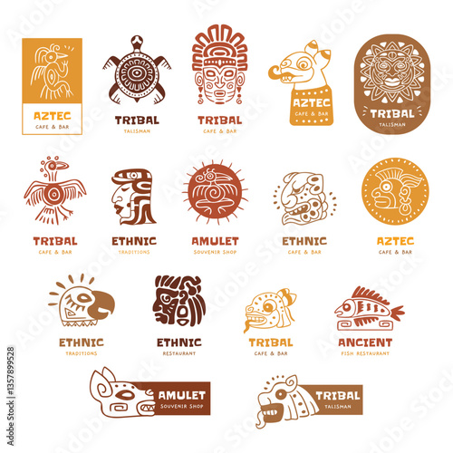 Maya logo. Mayan ethnic symbols, peruvian aztec culture ancient mexican indian tribal inca motif signs for branding identity souvenirs or bar logotype, swanky vector illustration