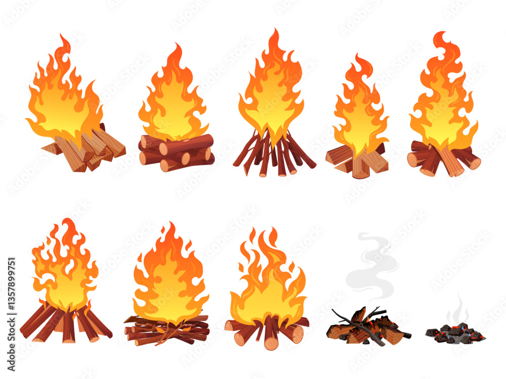 Fototapeta premium Wood campfire set. Camping fire firewood, signal bonfire on beach outdoor fireplace with burn coal or wooden log extinguished flame cartoon campfires, tidy vector illustration