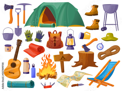 Cartoon hiking gear. Camping equipment, tourist adventure hike items survival tool travel outdoor vacation trip scout kit backpack tent map lantern, set tidy vector illustration