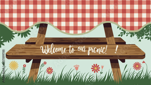 A delightful picnic-themed graphic featuring a wooden picnic table under a red and white gingham tablecloth, surrounded by flowers and grass. Perfect for event flyers or invitations.