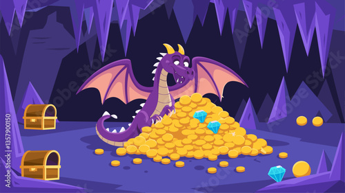 A charming purple dragon joyfully sits atop a pile of gold coins and gems in a mystical cave. Perfect for fantasy-themed projects.