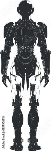 Silhouette of a futuristic robot or cyborg with mechanical features.