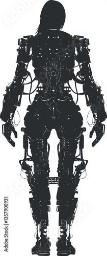 Silhouette of a futuristic exoskeleton suit with mechanical details.