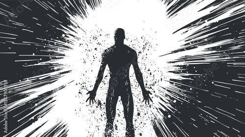 Silhouette of a figure amidst a dynamic black and white explosion.