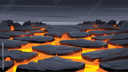 A striking illustration depicting a surreal volcanic landscape with glowing lava flows, dark rocky formations, and an overcast sky.