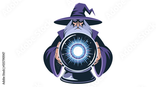 An enchanting illustration of a wizard in a purple robe and hat, holding a glowing crystal ball. Perfect for fantasy themes.