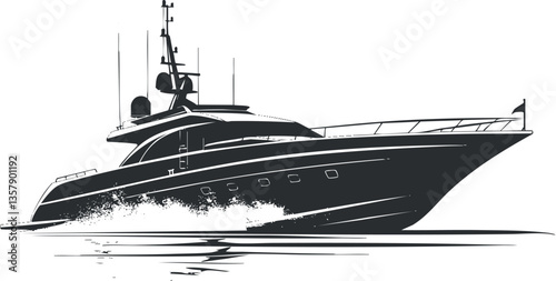 Black and white illustration of a luxury yacht cruising at sea.