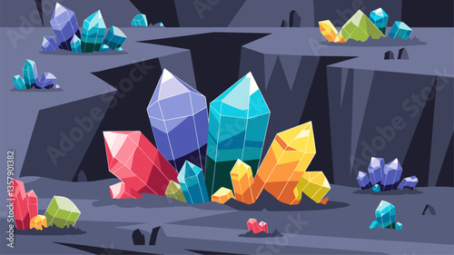 Explore a visually stunning digital illustration of a crystal cavern, featuring brightly colored gemstones and dramatic rock formations.