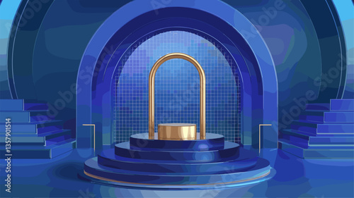 A stylish minimalist stage featuring curved arches and a golden podium, set against a backdrop of rich blue gradients and geometric patterns.