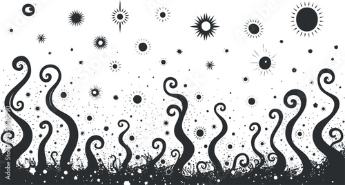 Abstract black and white illustration with tentacles and cosmic elements.