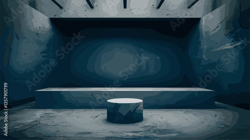 A serene and minimalist underground environment featuring a stone table and subtle lighting. Ideal for projects requiring a modern, abstract aesthetic.