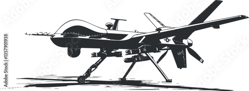 Black and white illustration of a military drone on the ground.