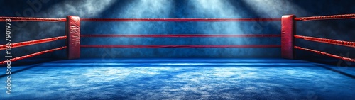 An empty and illuminated boxing ring ready for competition