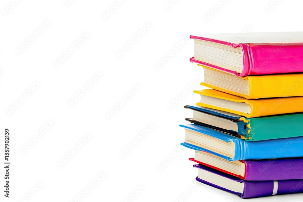 Colorful hardback books stacked neatly on white background Colorful hardback books stacked neatly on white background