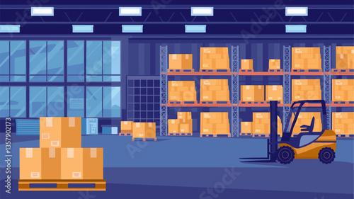 A sleek, modern warehouse interior featuring a forklift and neatly stacked boxes on shelves, showcasing efficient storage solutions.
