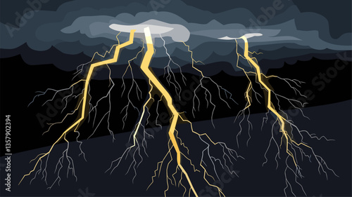 A striking illustration of lightning bolts illuminating a dark, overcast sky. Perfect for themes related to weather, nature, and electrical energy.